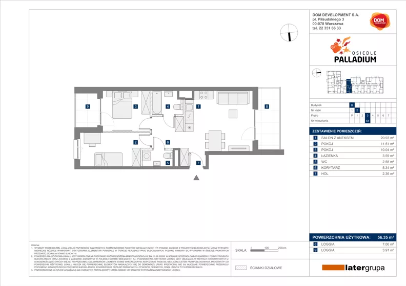 3 pokoje, mieszkanie 56,35 m², piętro 3, oferta nr B/64, Osiedle Palladium, Warszawa, Białołęka, Nowodwory, ul. Mieczysławy Ćwiklińskiej