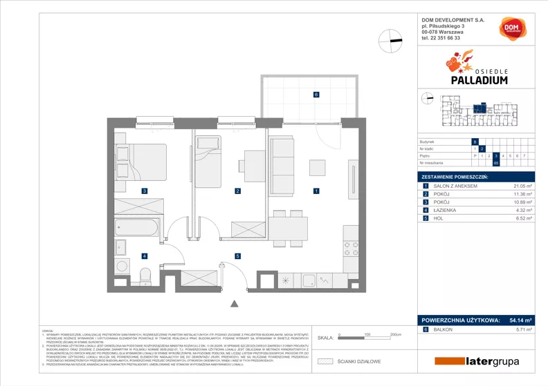 3 pokoje, mieszkanie 54,14 m², piętro 3, oferta nr B/65, Osiedle Palladium, Warszawa, Białołęka, Nowodwory, ul. Mieczysławy Ćwiklińskiej