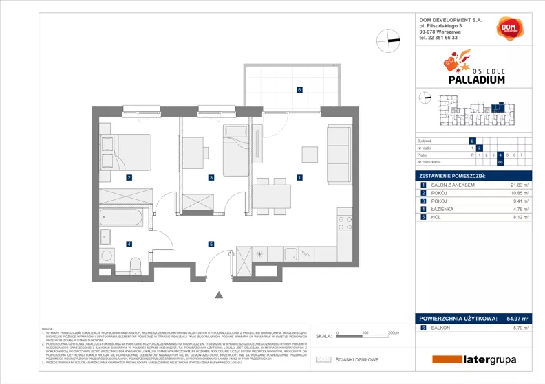 3 pokoje, mieszkanie 54,97 m², piętro 4, oferta nr B/66, Osiedle Palladium, Warszawa, Białołęka, Nowodwory, ul. Mieczysławy Ćwiklińskiej