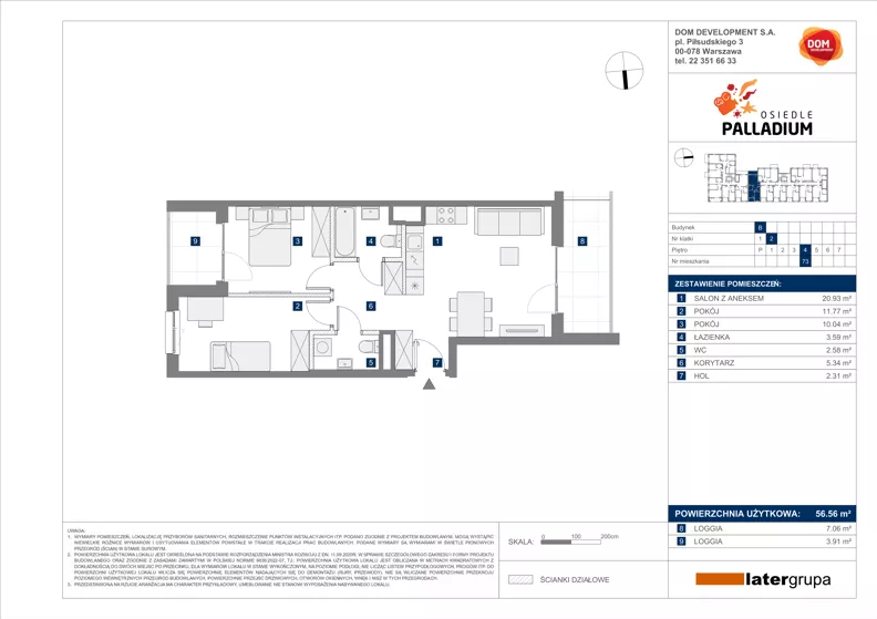 3 pokoje, mieszkanie 56,56 m², piętro 4, oferta nr B/73, Osiedle Palladium, Warszawa, Białołęka, Nowodwory, ul. Mieczysławy Ćwiklińskiej