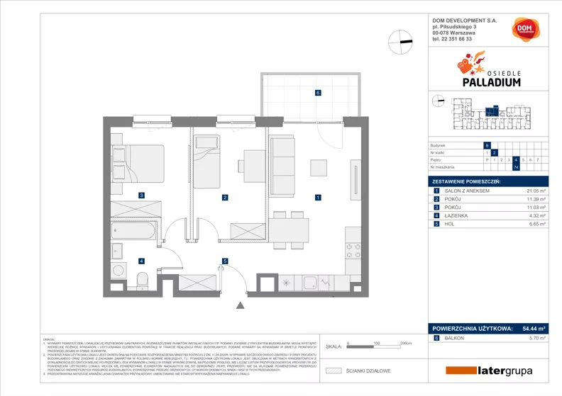 3 pokoje, mieszkanie 54,44 m², piętro 4, oferta nr B/74, Osiedle Palladium, Warszawa, Białołęka, Nowodwory, ul. Mieczysławy Ćwiklińskiej