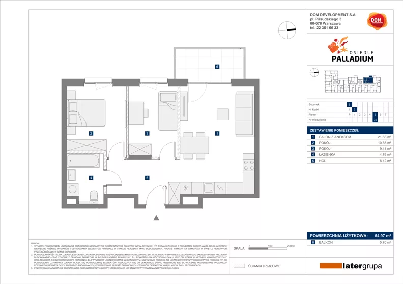 3 pokoje, mieszkanie 54,97 m², piętro 5, oferta nr B/75, Osiedle Palladium, Warszawa, Białołęka, Nowodwory, ul. Mieczysławy Ćwiklińskiej