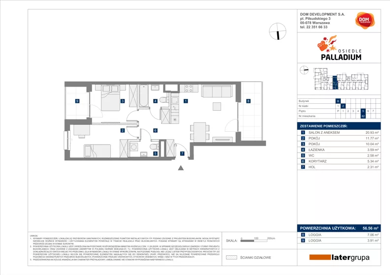3 pokoje, mieszkanie 56,56 m², piętro 5, oferta nr B/82, Osiedle Palladium, Warszawa, Białołęka, Nowodwory, ul. Mieczysławy Ćwiklińskiej