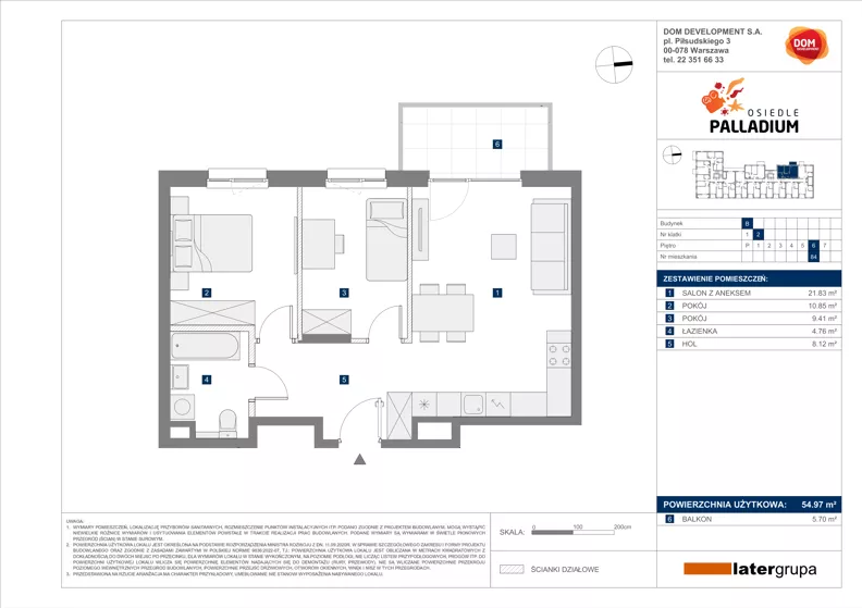 3 pokoje, mieszkanie 54,97 m², piętro 6, oferta nr B/84, Osiedle Palladium, Warszawa, Białołęka, Nowodwory, ul. Mieczysławy Ćwiklińskiej