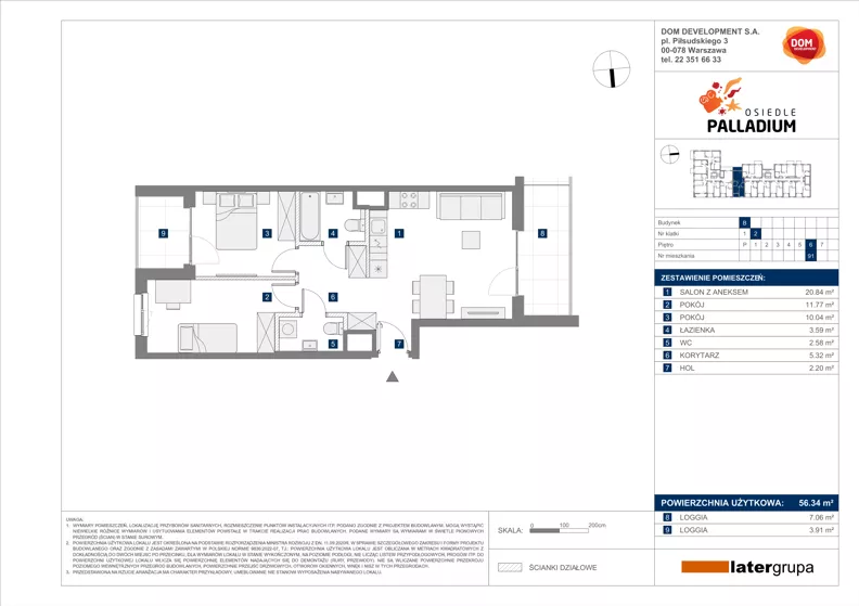 3 pokoje, mieszkanie 56,34 m², piętro 6, oferta nr B/91, Osiedle Palladium, Warszawa, Białołęka, Nowodwory, ul. Mieczysławy Ćwiklińskiej