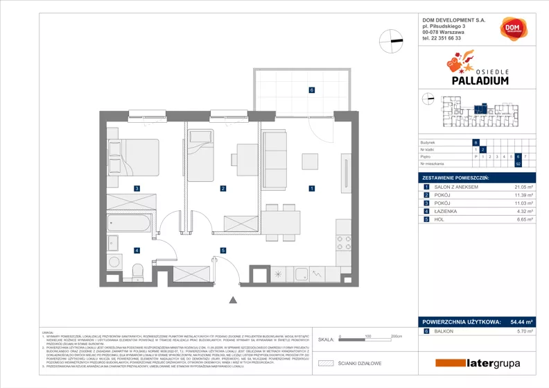 3 pokoje, mieszkanie 54,44 m², piętro 6, oferta nr B/92, Osiedle Palladium, Warszawa, Białołęka, Nowodwory, ul. Mieczysławy Ćwiklińskiej
