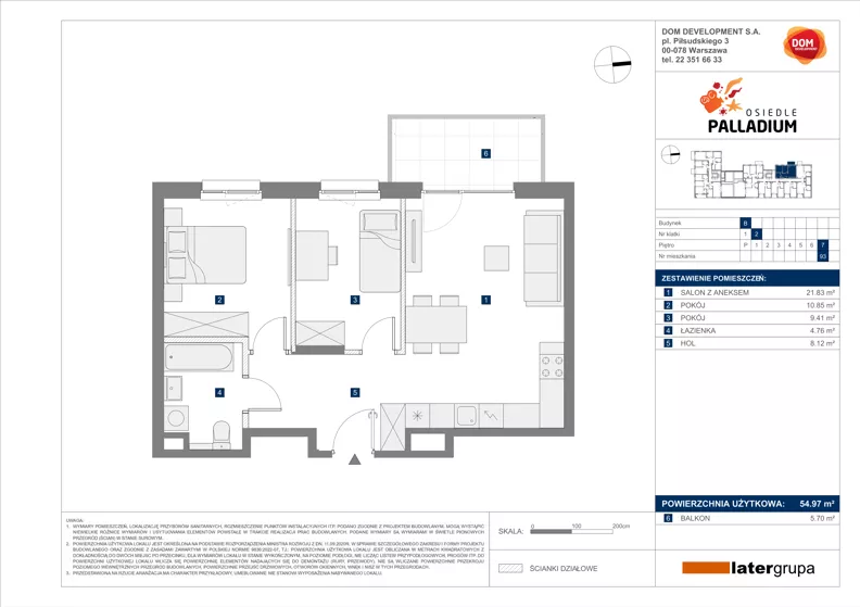 3 pokoje, mieszkanie 54,97 m², piętro 7, oferta nr B/93, Osiedle Palladium, Warszawa, Białołęka, Nowodwory, ul. Mieczysławy Ćwiklińskiej