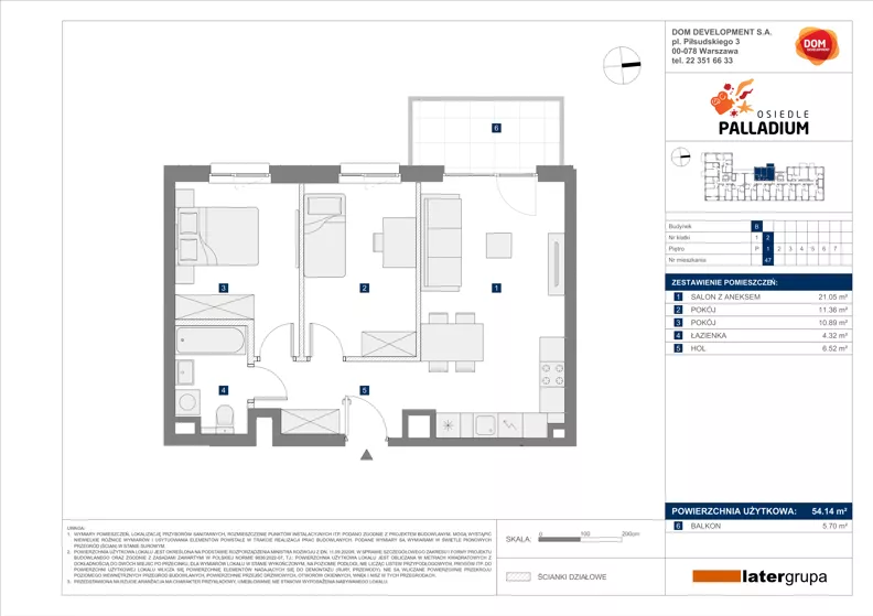 3 pokoje, mieszkanie 54,14 m², piętro 1, oferta nr B/47, Osiedle Palladium, Warszawa, Białołęka, Nowodwory, ul. Mieczysławy Ćwiklińskiej