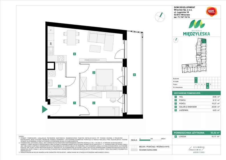 3 pokoje, mieszkanie 53,52 m², piętro 4, oferta nr A/44, Osiedle Międzyleska 3, Wrocław, Tarnogaj, Krzyki, ul. Międzyleska