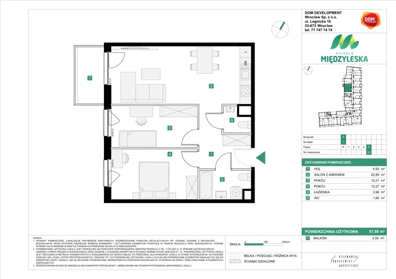 3 pokoje, mieszkanie 57,88 m², piętro 5, oferta nr A/52, Osiedle Międzyleska 3, Wrocław, Tarnogaj, Krzyki, ul. Międzyleska