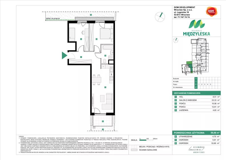 3 pokoje, mieszkanie 59,88 m², parter, oferta nr A/97, Osiedle Międzyleska 3, Wrocław, Tarnogaj, Krzyki, ul. Międzyleska