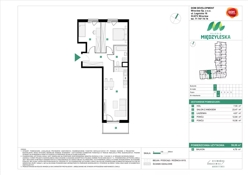 3 pokoje, mieszkanie 59,09 m², piętro 1, oferta nr A/99, Osiedle Międzyleska 3, Wrocław, Tarnogaj, Krzyki, ul. Międzyleska