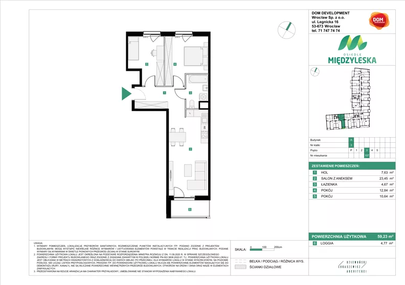 3 pokoje, mieszkanie 59,23 m², piętro 3, oferta nr A/107, Osiedle Międzyleska 3, Wrocław, Tarnogaj, Krzyki, ul. Międzyleska