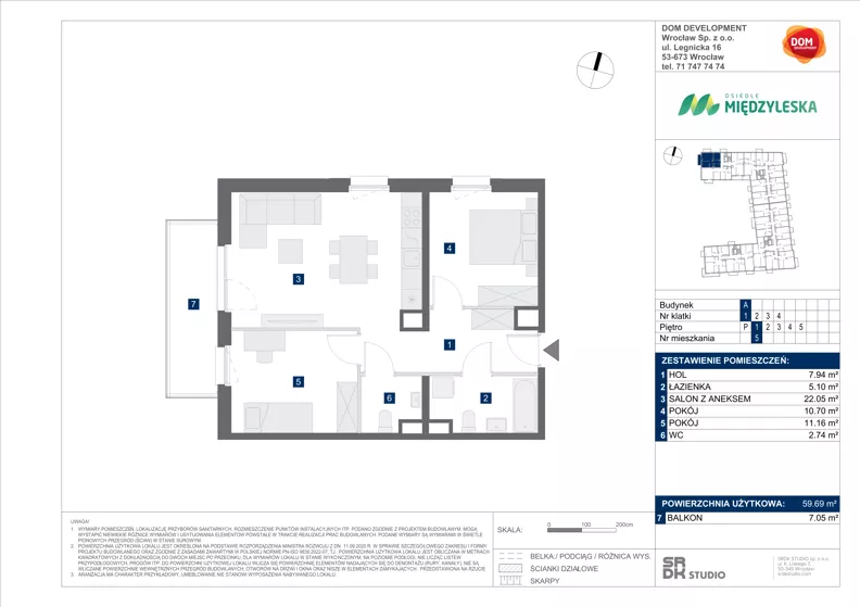 3 pokoje, mieszkanie 59,69 m², piętro 1, oferta nr A/5, Międzyleska 4, Wrocław, Tarnogaj, Krzyki, ul. Międzyleska