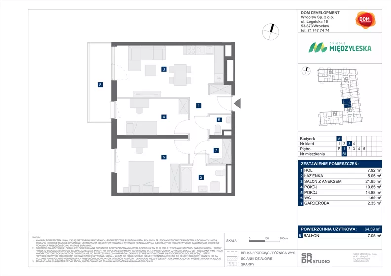 3 pokoje, mieszkanie 64,59 m², piętro 1, oferta nr A/68, Międzyleska 4, Wrocław, Tarnogaj, Krzyki, ul. Międzyleska