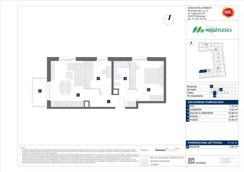 3 pokoje, mieszkanie 51,40 m², piętro 1, oferta nr A/119, Międzyleska 4, Wrocław, Tarnogaj, Krzyki, ul. Międzyleska