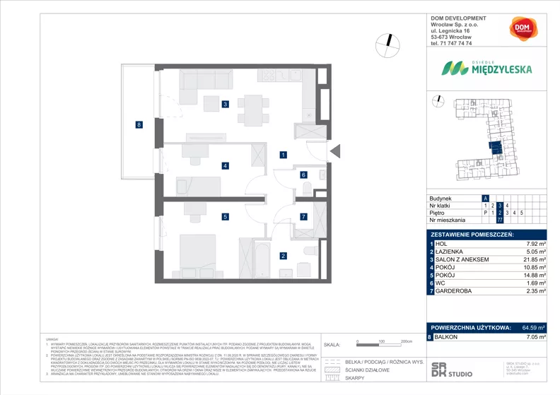3 pokoje, mieszkanie 64,59 m², piętro 2, oferta nr A/77, Międzyleska 4, Wrocław, Tarnogaj, Krzyki, ul. Międzyleska
