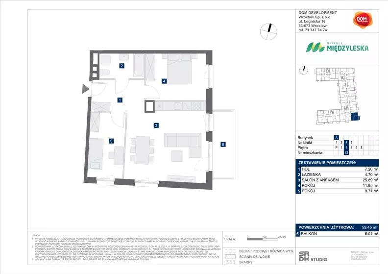 3 pokoje, mieszkanie 59,45 m², piętro 2, oferta nr A/83, Międzyleska 4, Wrocław, Tarnogaj, Krzyki, ul. Międzyleska