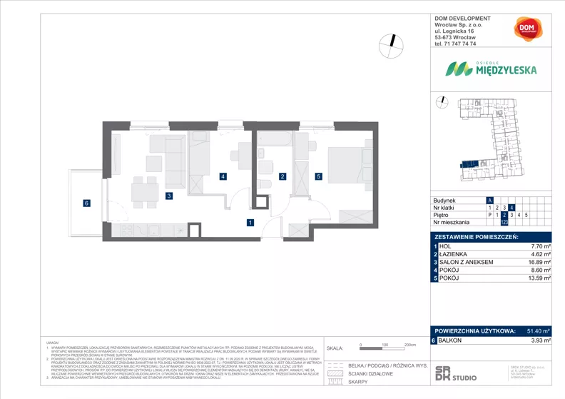 3 pokoje, mieszkanie 51,40 m², piętro 2, oferta nr A/123, Międzyleska 4, Wrocław, Tarnogaj, Krzyki, ul. Międzyleska