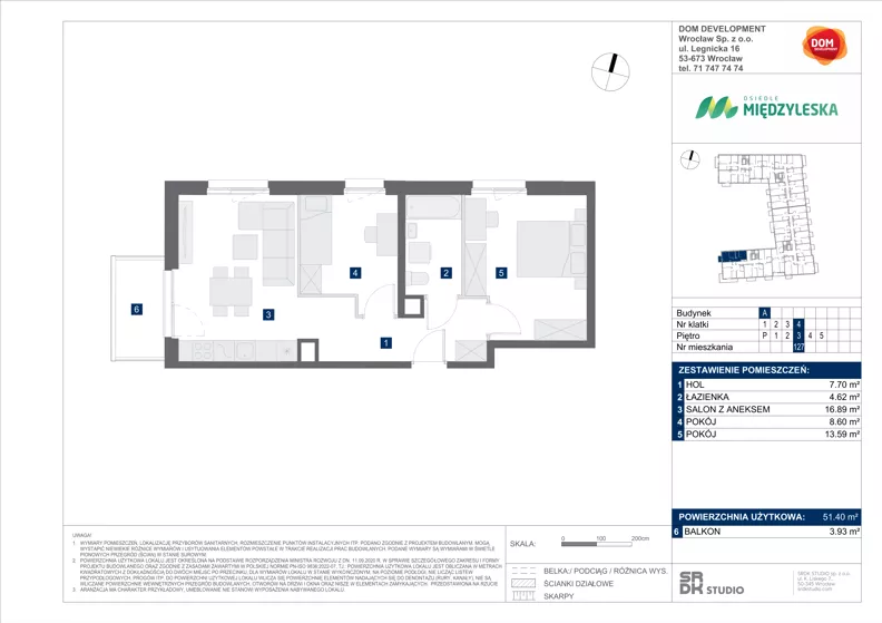 3 pokoje, mieszkanie 51,40 m², piętro 3, oferta nr A/127, Międzyleska 4, Wrocław, Tarnogaj, Krzyki, ul. Międzyleska
