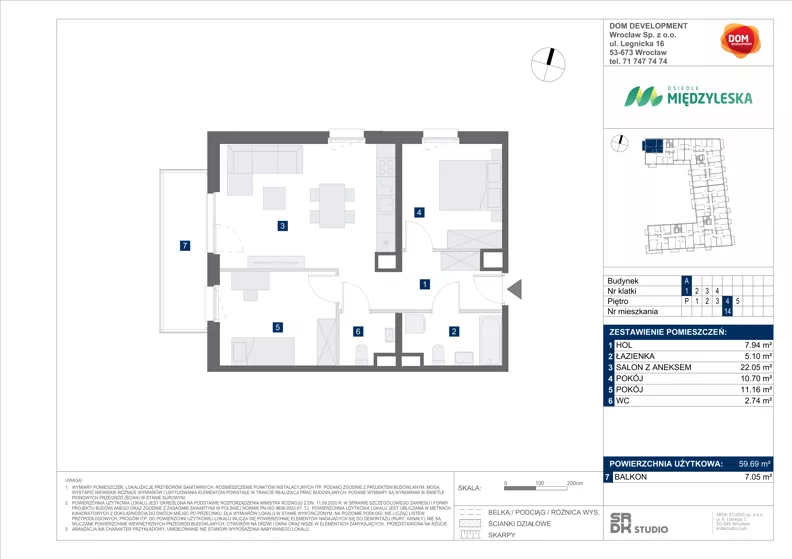 3 pokoje, mieszkanie 59,69 m², piętro 4, oferta nr A/14, Międzyleska 4, Wrocław, Tarnogaj, Krzyki, ul. Międzyleska