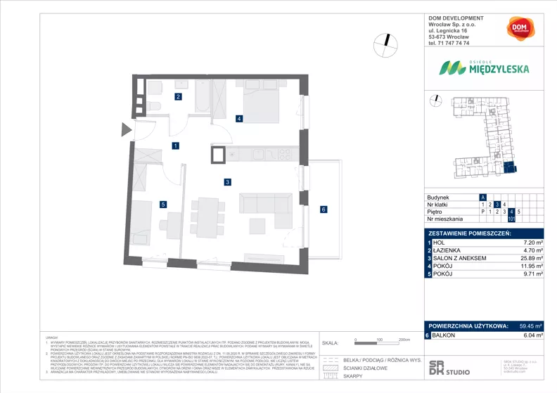 3 pokoje, mieszkanie 59,45 m², piętro 4, oferta nr A/101, Międzyleska 4, Wrocław, Tarnogaj, Krzyki, ul. Międzyleska
