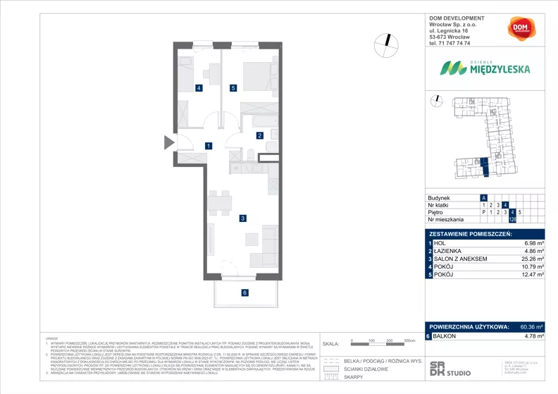 3 pokoje, mieszkanie 60,36 m², piętro 4, oferta nr A/128, Międzyleska 4, Wrocław, Tarnogaj, Krzyki, ul. Międzyleska