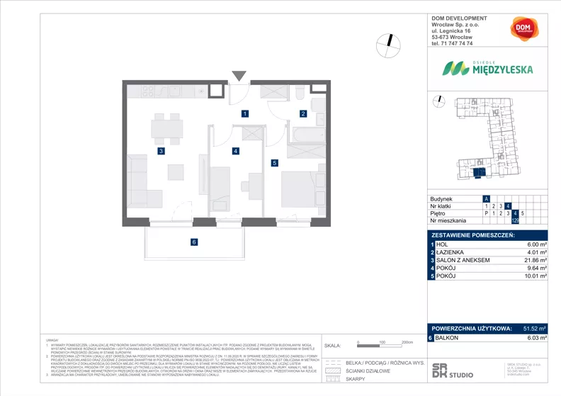 3 pokoje, mieszkanie 51,52 m², piętro 4, oferta nr A/129, Międzyleska 4, Wrocław, Tarnogaj, Krzyki, ul. Międzyleska