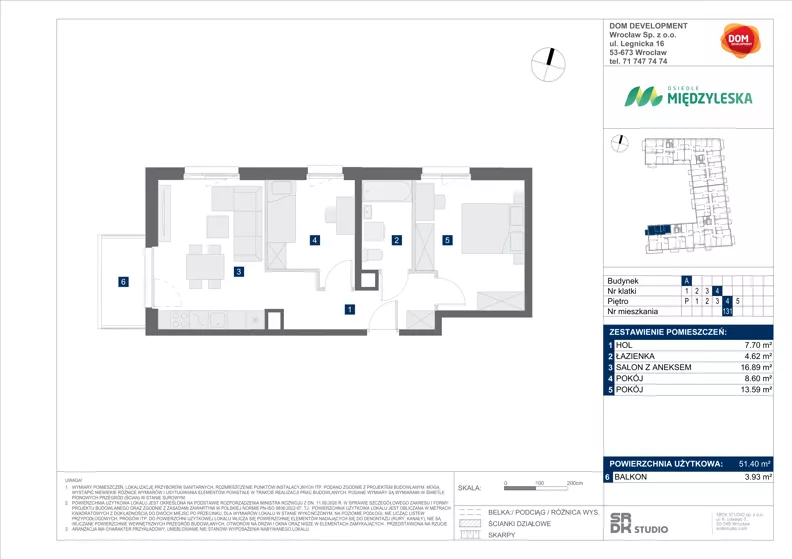 3 pokoje, mieszkanie 51,40 m², piętro 4, oferta nr A/131, Międzyleska 4, Wrocław, Tarnogaj, Krzyki, ul. Międzyleska