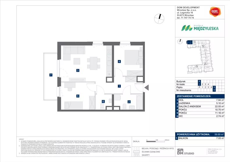 3 pokoje, mieszkanie 59,69 m², piętro 5, oferta nr A/17, Międzyleska 4, Wrocław, Tarnogaj, Krzyki, ul. Międzyleska