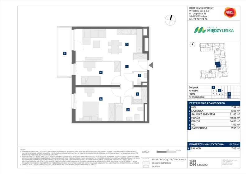 3 pokoje, mieszkanie 64,59 m², piętro 5, oferta nr A/104, Międzyleska 4, Wrocław, Tarnogaj, Krzyki, ul. Międzyleska