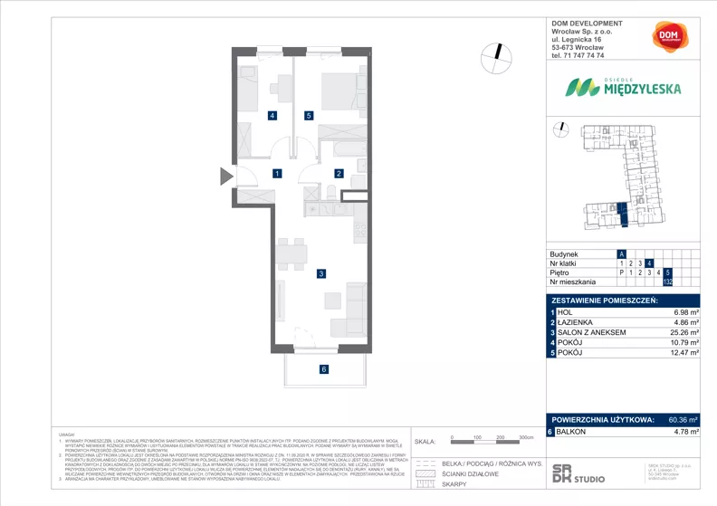 3 pokoje, mieszkanie 60,36 m², piętro 5, oferta nr A/132, Międzyleska 4, Wrocław, Tarnogaj, Krzyki, ul. Międzyleska