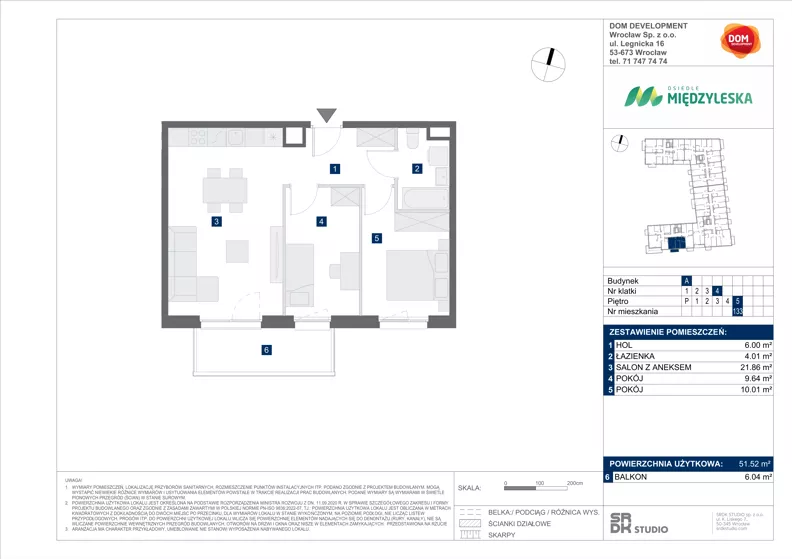 3 pokoje, mieszkanie 51,52 m², piętro 5, oferta nr A/133, Międzyleska 4, Wrocław, Tarnogaj, Krzyki, ul. Międzyleska