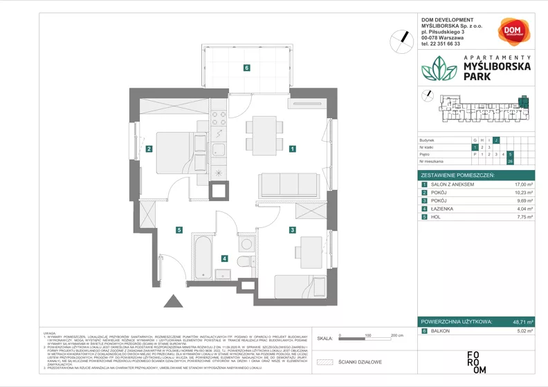 3 pokoje, mieszkanie 48,71 m², piętro 5, oferta nr J/26, Apartamenty Myśliborska Park, Warszawa, Białołęka, Żerań, ul. Myśliborska 11