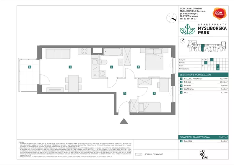 3 pokoje, mieszkanie 53,27 m², piętro 5, oferta nr J/50, Apartamenty Myśliborska Park, Warszawa, Białołęka, Żerań, ul. Myśliborska 11