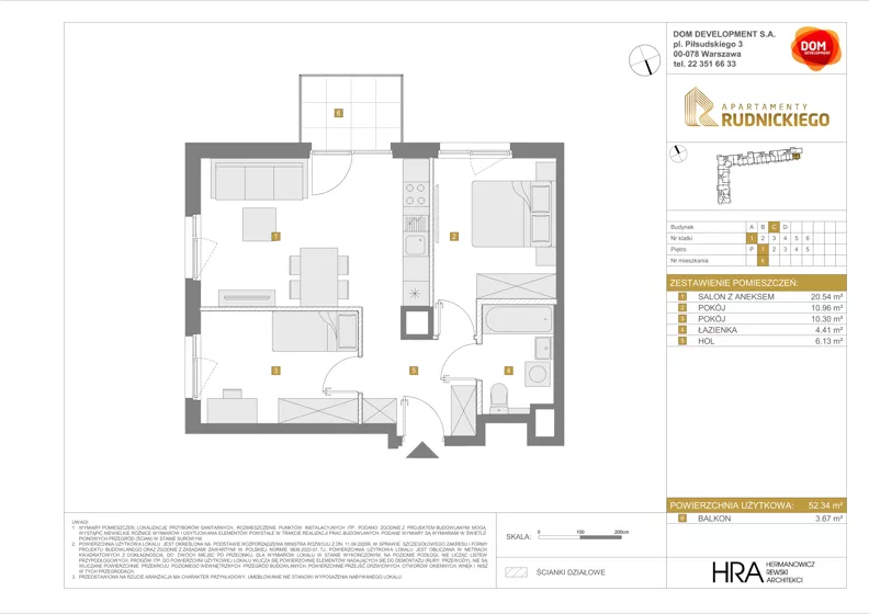 3 pokoje, mieszkanie 52,34 m², piętro 1, oferta nr C/6, Apartamenty Rudnickiego, Warszawa, Bielany, Piaski, ul. Rudnickiego 7
