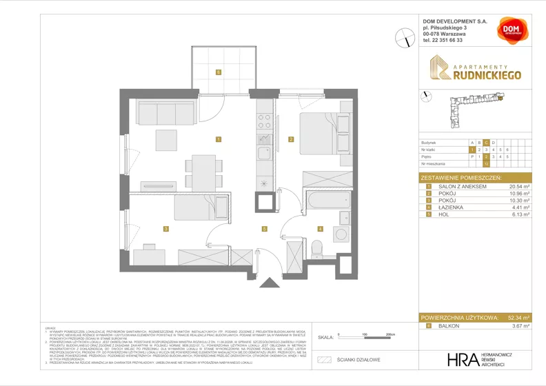 3 pokoje, mieszkanie 52,34 m², piętro 2, oferta nr C/12, Apartamenty Rudnickiego, Warszawa, Bielany, Piaski, ul. Rudnickiego 7