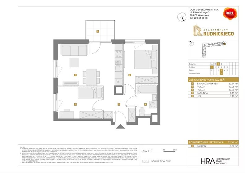 3 pokoje, mieszkanie 52,34 m², piętro 3, oferta nr C/18, Apartamenty Rudnickiego, Warszawa, Bielany, Piaski, ul. Rudnickiego 7