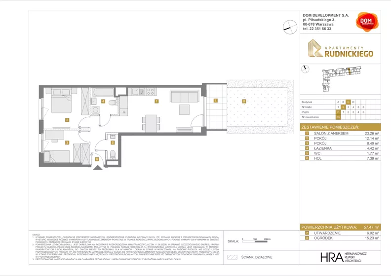 3 pokoje, mieszkanie 57,47 m², parter, oferta nr C/35, Apartamenty Rudnickiego, Warszawa, Bielany, Piaski, ul. Rudnickiego 7