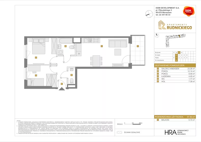 3 pokoje, mieszkanie 57,50 m², piętro 1, oferta nr C/40, Apartamenty Rudnickiego, Warszawa, Bielany, Piaski, ul. Rudnickiego 7
