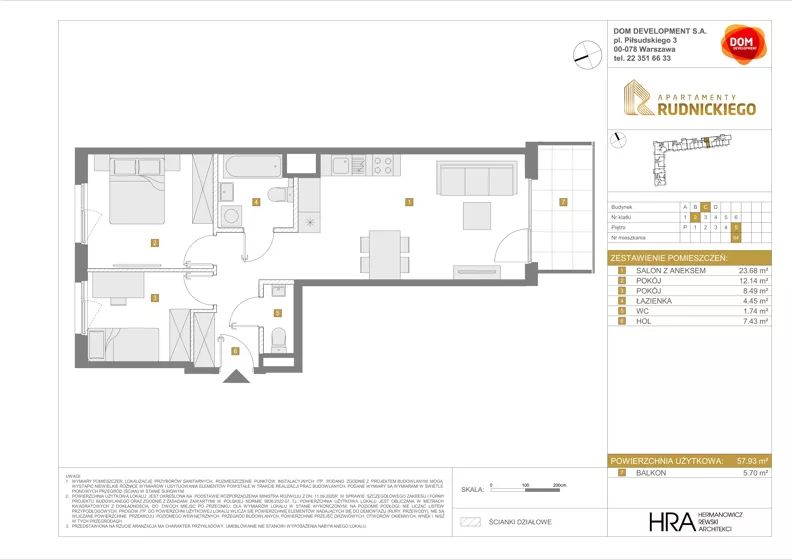 3 pokoje, mieszkanie 57,93 m², piętro 5, oferta nr C/64, Apartamenty Rudnickiego, Warszawa, Bielany, Piaski, ul. Rudnickiego 7