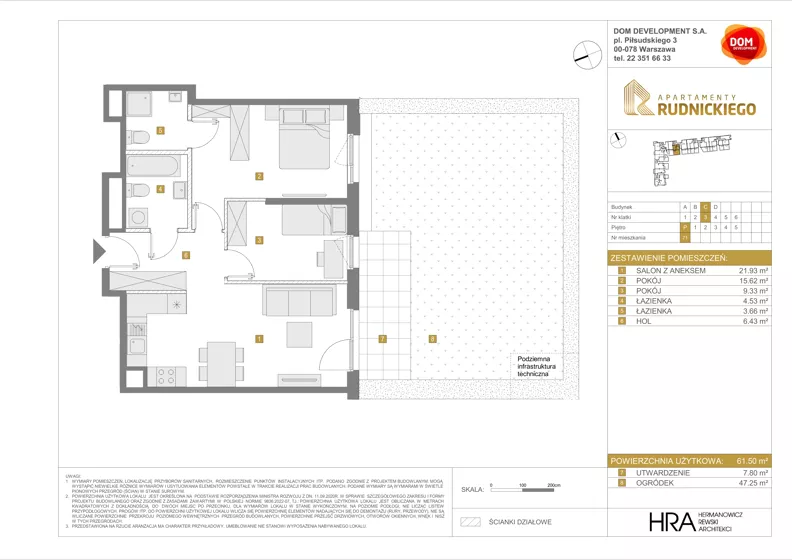 3 pokoje, mieszkanie 61,50 m², parter, oferta nr C/71, Apartamenty Rudnickiego, Warszawa, Bielany, Piaski, ul. Rudnickiego 7