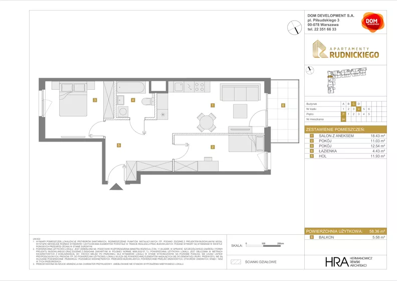 3 pokoje, mieszkanie 58,36 m², parter, oferta nr C/94, Apartamenty Rudnickiego, Warszawa, Bielany, Piaski, ul. Rudnickiego 7