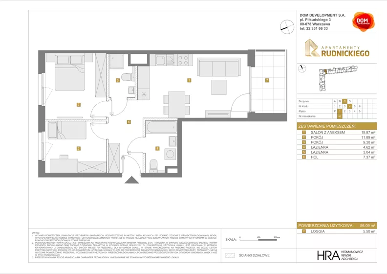 3 pokoje, mieszkanie 56,09 m², piętro 1, oferta nr C/96, Apartamenty Rudnickiego, Warszawa, Bielany, Piaski, ul. Rudnickiego 7