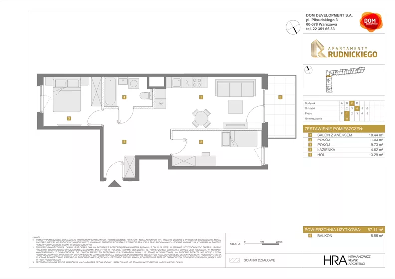 3 pokoje, mieszkanie 57,11 m², piętro 1, oferta nr C/98, Apartamenty Rudnickiego, Warszawa, Bielany, Piaski, ul. Rudnickiego 7