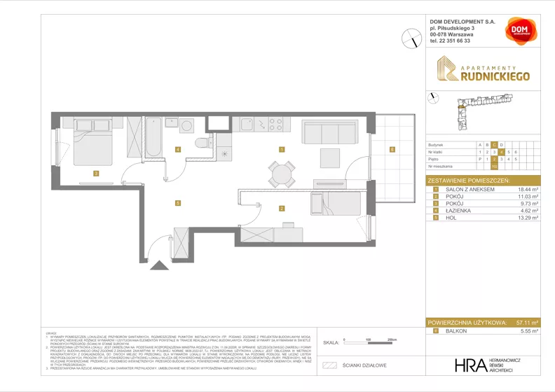 3 pokoje, mieszkanie 57,11 m², piętro 2, oferta nr C/102, Apartamenty Rudnickiego, Warszawa, Bielany, Piaski, ul. Rudnickiego 7