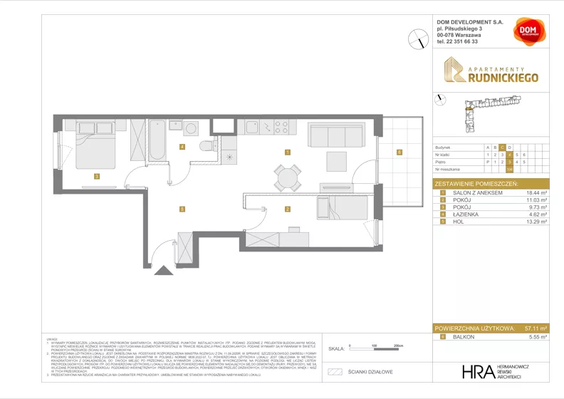 3 pokoje, mieszkanie 57,11 m², piętro 3, oferta nr C/106, Apartamenty Rudnickiego, Warszawa, Bielany, Piaski, ul. Rudnickiego 7