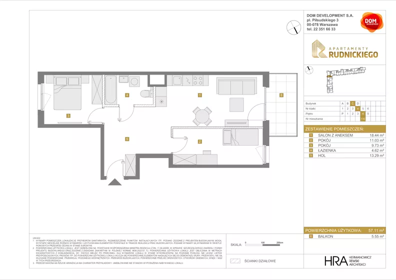 3 pokoje, mieszkanie 57,11 m², piętro 4, oferta nr C/110, Apartamenty Rudnickiego, Warszawa, Bielany, Piaski, ul. Rudnickiego 7