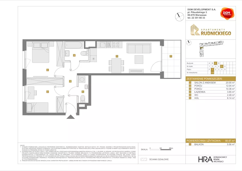 3 pokoje, mieszkanie 56,87 m², piętro 1, oferta nr C/119, Apartamenty Rudnickiego, Warszawa, Bielany, Piaski, ul. Rudnickiego 7
