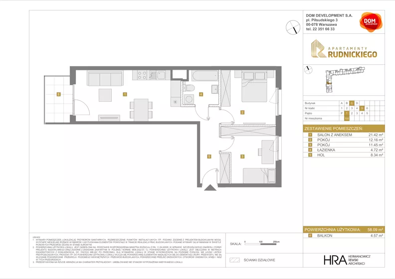 3 pokoje, mieszkanie 58,09 m², piętro 1, oferta nr C/122, Apartamenty Rudnickiego, Warszawa, Bielany, Piaski, ul. Rudnickiego 7